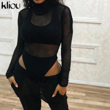 Hipster Knitted Bodysuit Women Sexy Solid Sheath Side Button Clothing Long Sleeve Turtleneck